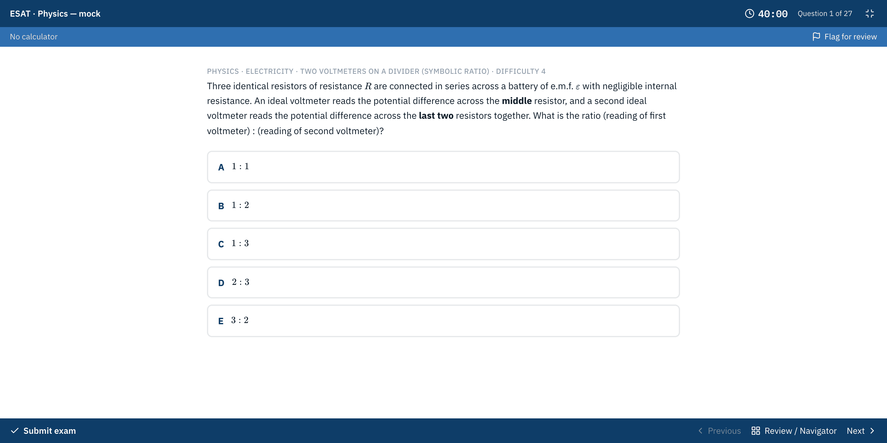 The StemAdmit exam sandbox in full-screen: a timed ESAT module with the question, A–E options, flag-for-review and navigator — a faithful replica of the real test.